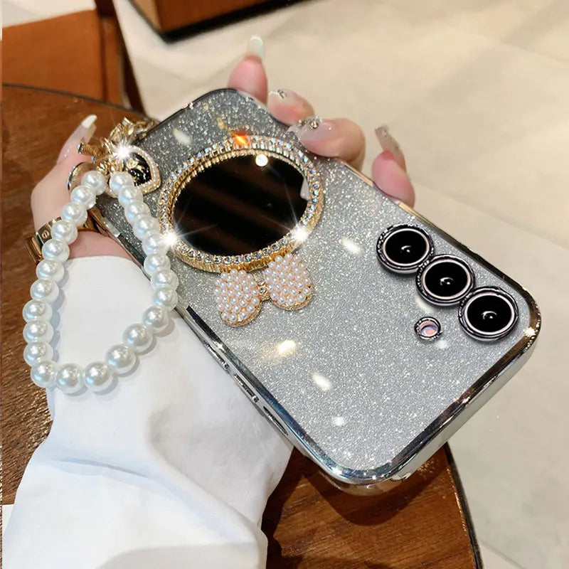 M 35 5G Luxury Glitter With Pearl Lanyard Case For Samsung Galaxy M35 A15 A16 A35 A55 M55 A06 A54 A34 A13 A14 A05 S Mirror Cover