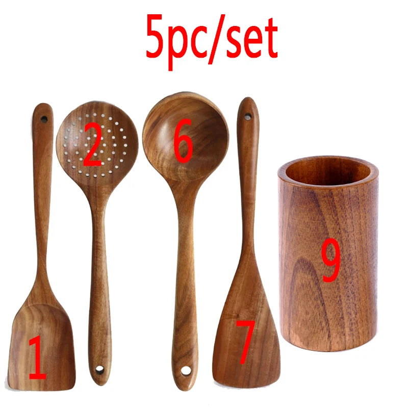 1~9PCS Thailand Teak Natural Wood Tableware Spoon Ladle Turner Long Rice Colander Soup Skimmer Cooking Spoons Scoop Kitchen Tool