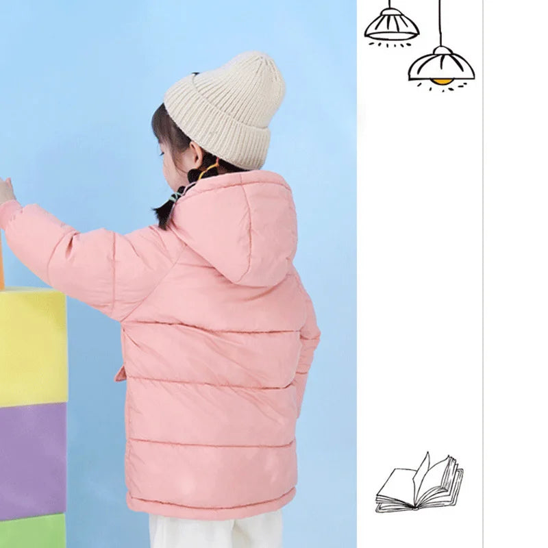 Boys Girls Warm Down Coat Kids Thickened Hooded Jackets Children's Winter Cotton Clothing Solid Colour Casual Parkas 3-10 Years