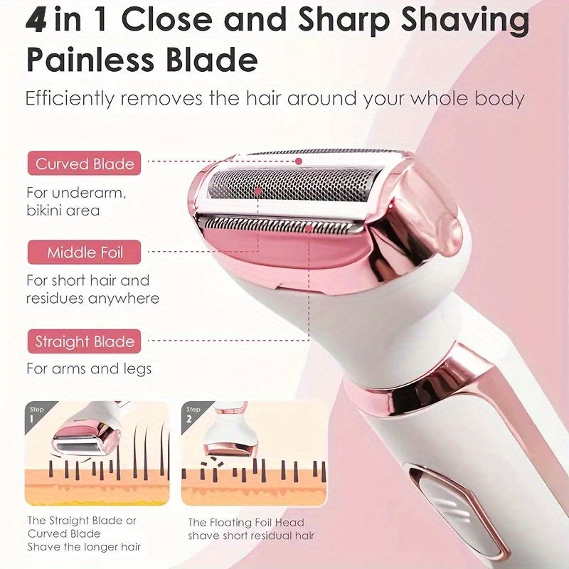 MIGUAN 4-in-1 Rechargeable Electric Shaver Kit for Women - Pink & White, Includes Trimmer, Nose Hair Remover, Eyebrow Shaper, and Underarm Hair Trimmer - Ideal Gift for Women'S Day, Hair Removal Kit|Stylish Shaver Set|Compact